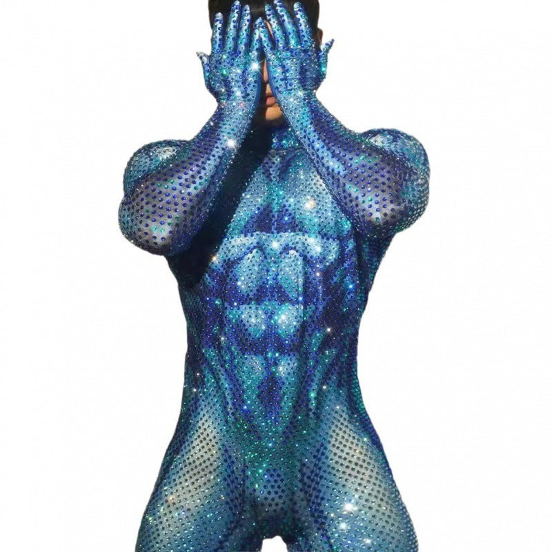 Cross-Border Performance Clothes Nightclub Flower Blue Giant Long Sleeve One-piece Trousers